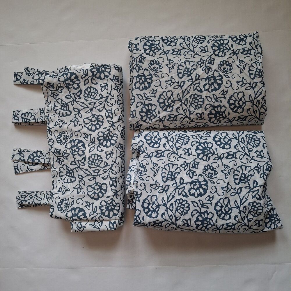IKEA Mjolkort Floral Curtain Panels 3 PC Set Blue White 57x98 Nautical Coastal